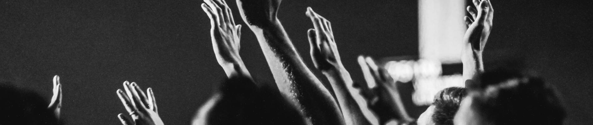 Groupe de membres levant la main en noir et blanc